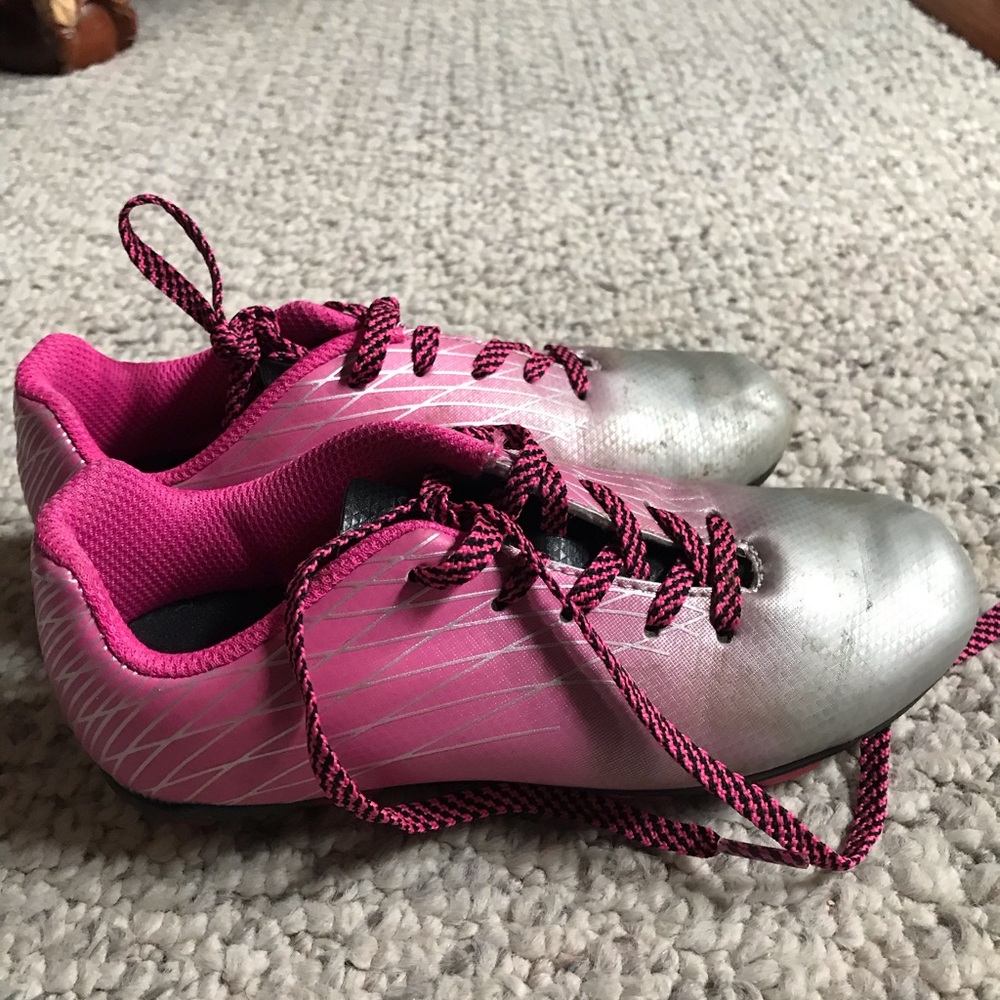 Pink and silver kids girls soccer cleats